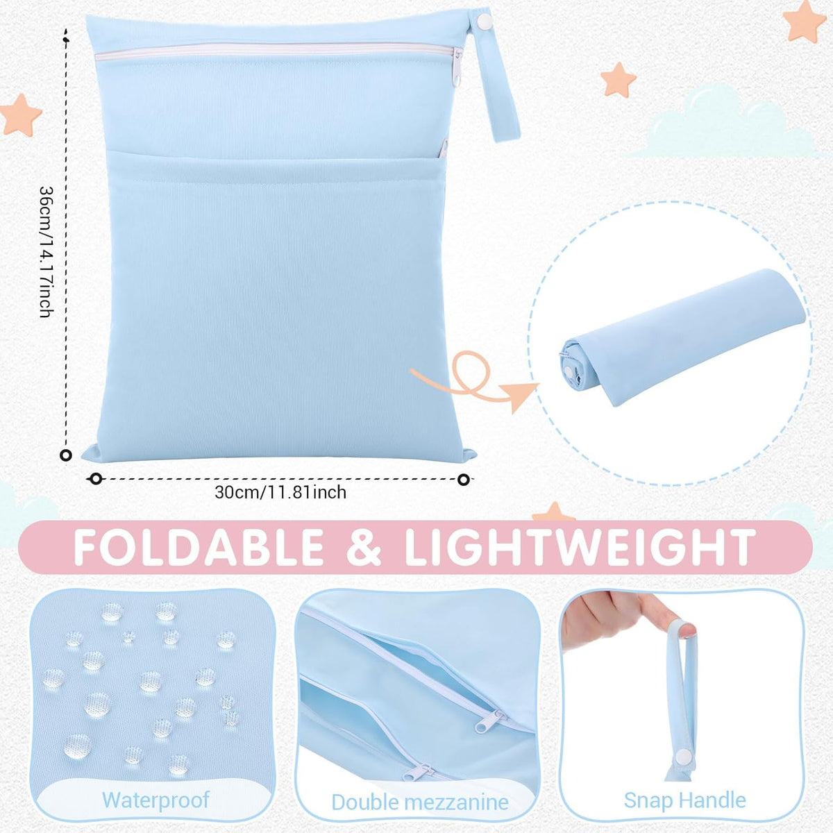 4 Pack Wet Dry Bags for Baby Cloth Diapers 12x14 Washable Travel Swimsuit Wet Bags Reusable with Two Zippered Pockets for Yoga Gym Swimsuits Travel Beach Pool Soiled Items(Fresh Color)