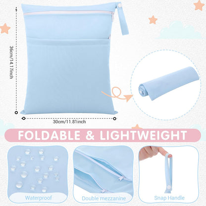 4 Pack Wet Dry Bags for Baby Cloth Diapers 12x14 Washable Travel Swimsuit Wet Bags Reusable with Two Zippered Pockets for Yoga Gym Swimsuits Travel Beach Pool Soiled Items(Fresh Color)