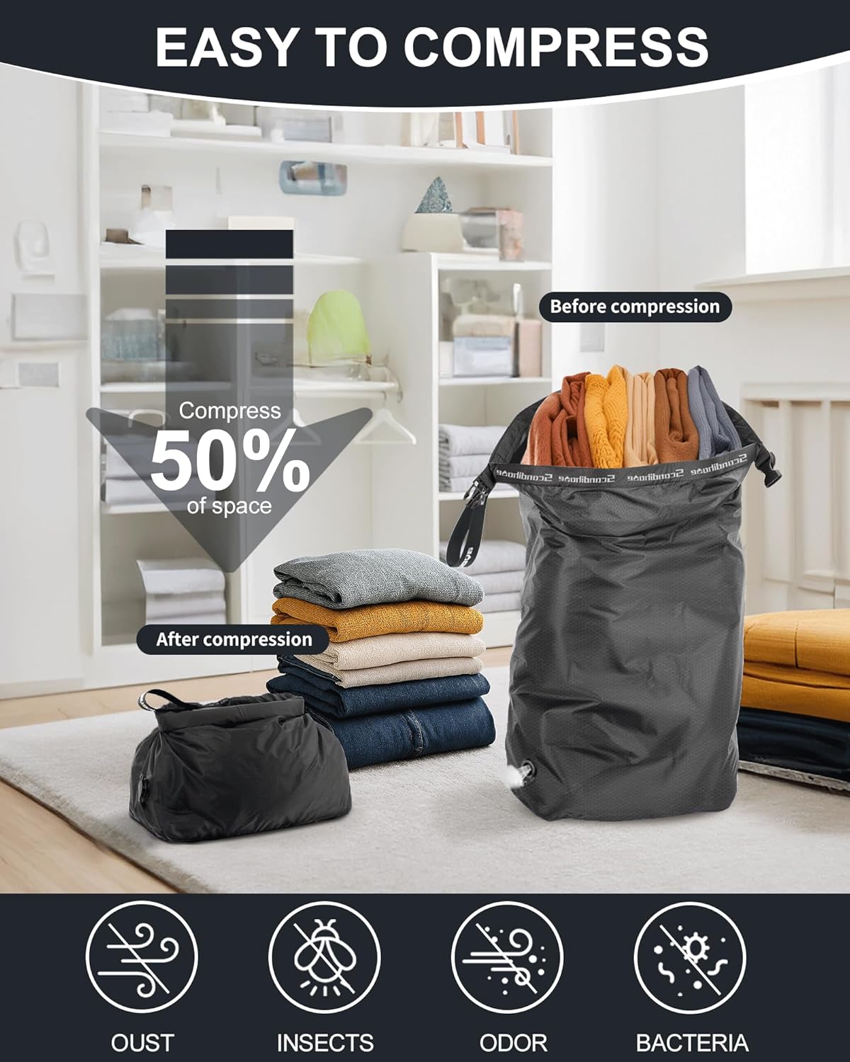 Travel Laundry Bag, Pump-Free Vacuum Compression Dirty Clothes Bag, Medium Reusable Waterproof & Washable Laundry Bag, Wet and Dry Bag, Ideal for Suitcases, Laundromats (1 Pack) Gray