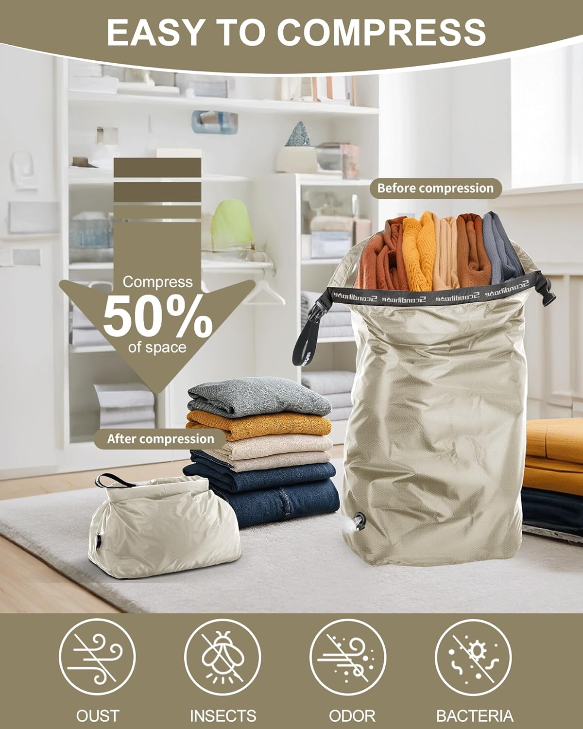 Travel Laundry Bag, Pump-Free Vacuum Compression Dirty Clothes Bag, Medium Reusable Waterproof & Washable Laundry Bag, Wet and Dry Bag, Ideal for Suitcases, Laundromats (1 Pack) Gray