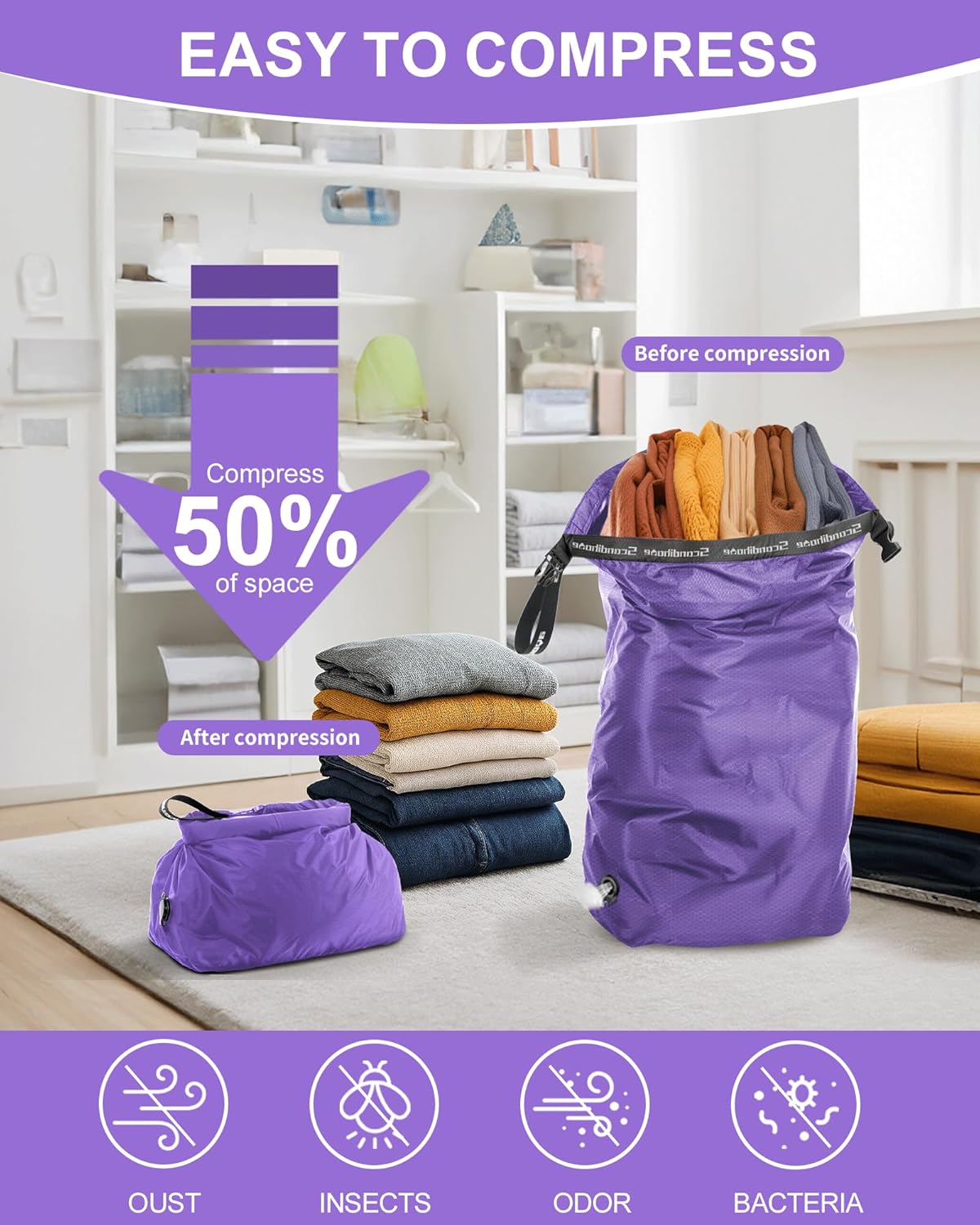 Travel Laundry Bag, Pump-Free Vacuum Compression Dirty Clothes Bag, Medium Reusable Waterproof & Washable Laundry Bag, Wet and Dry Bag, Ideal for Suitcases, Laundromats (1 Pack) Gray
