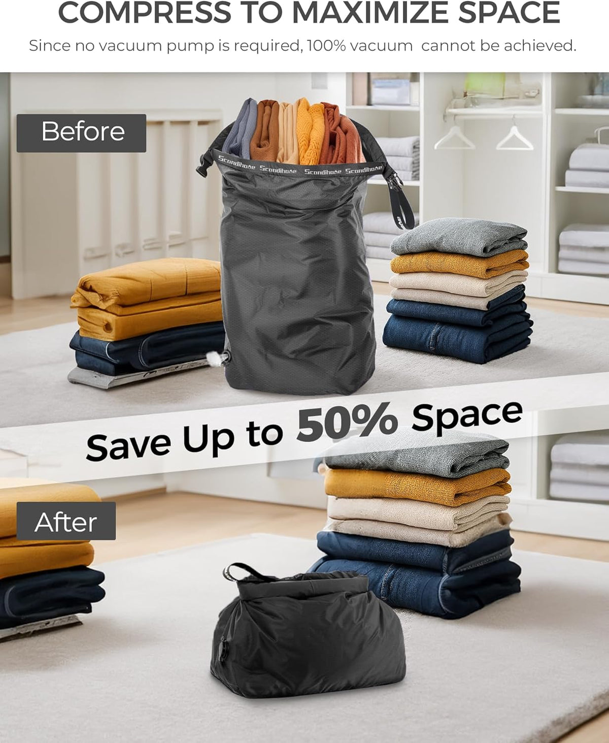 Travel Laundry Bag, Pump-Free Vacuum Compression Dirty Clothes Bag, Medium Reusable Waterproof & Washable Laundry Bag, Wet and Dry Bag, Ideal for Suitcases, Laundromats (1 Pack) Gray