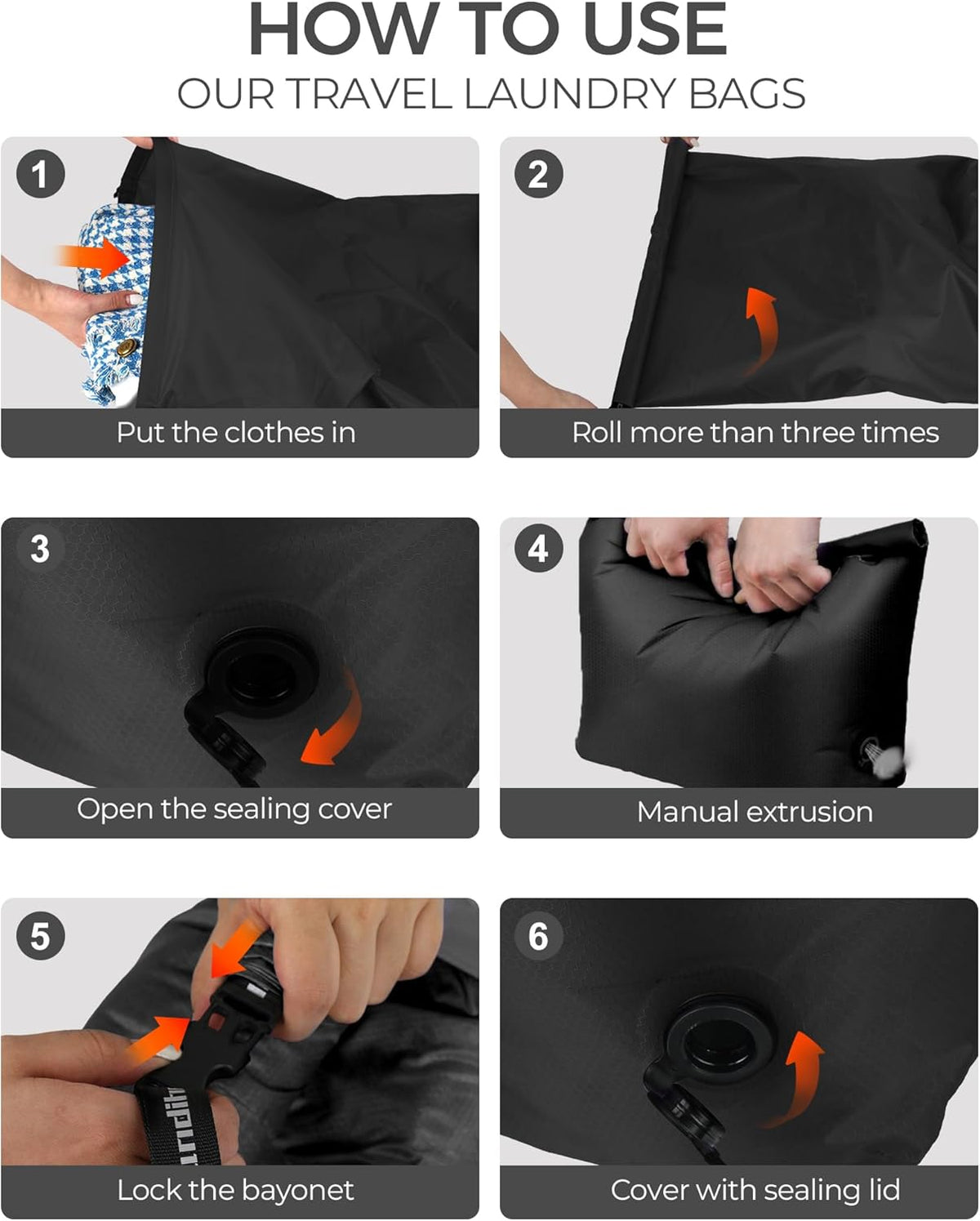 Travel Laundry Bag, Pump-Free Vacuum Compression Dirty Clothes Bag, Medium Reusable Waterproof & Washable Laundry Bag, Wet and Dry Bag, Ideal for Suitcases, Laundromats (1 Pack) Gray
