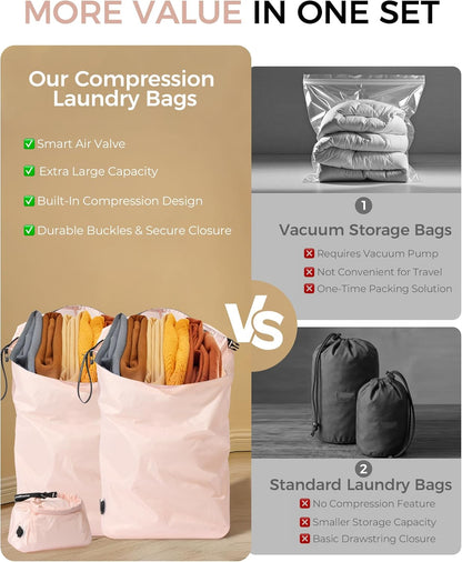 Travel Laundry Bag, Pump-Free Vacuum Compression Dirty Clothes Bag, Medium Reusable Waterproof & Washable Laundry Bag, Wet and Dry Bag, Ideal for Suitcases, Laundromats (1 Pack) Gray