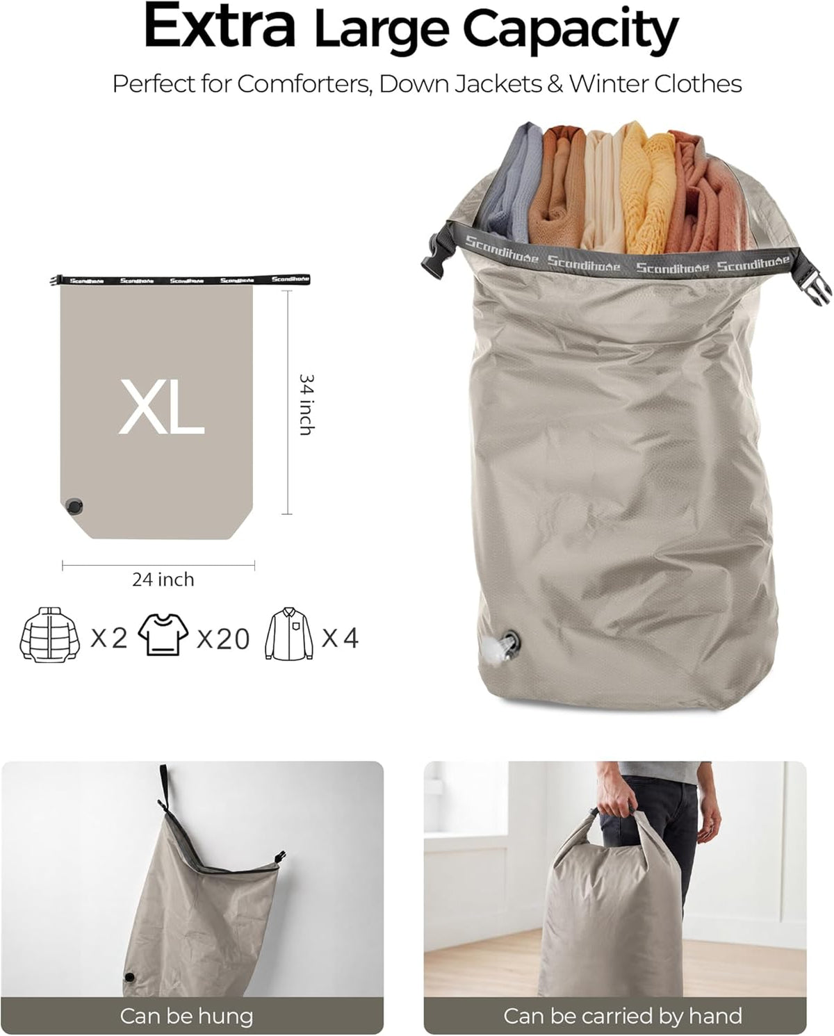 Travel Laundry Bag, Pump-Free Vacuum Compression Dirty Clothes Bag, Medium Reusable Waterproof & Washable Laundry Bag, Wet and Dry Bag, Ideal for Suitcases, Laundromats (1 Pack) Gray