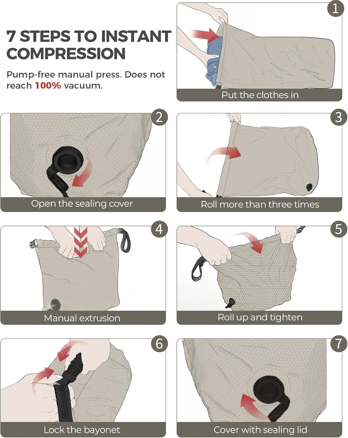 Travel Laundry Bag, Pump-Free Vacuum Compression Dirty Clothes Bag, Medium Reusable Waterproof & Washable Laundry Bag, Wet and Dry Bag, Ideal for Suitcases, Laundromats (1 Pack) Gray