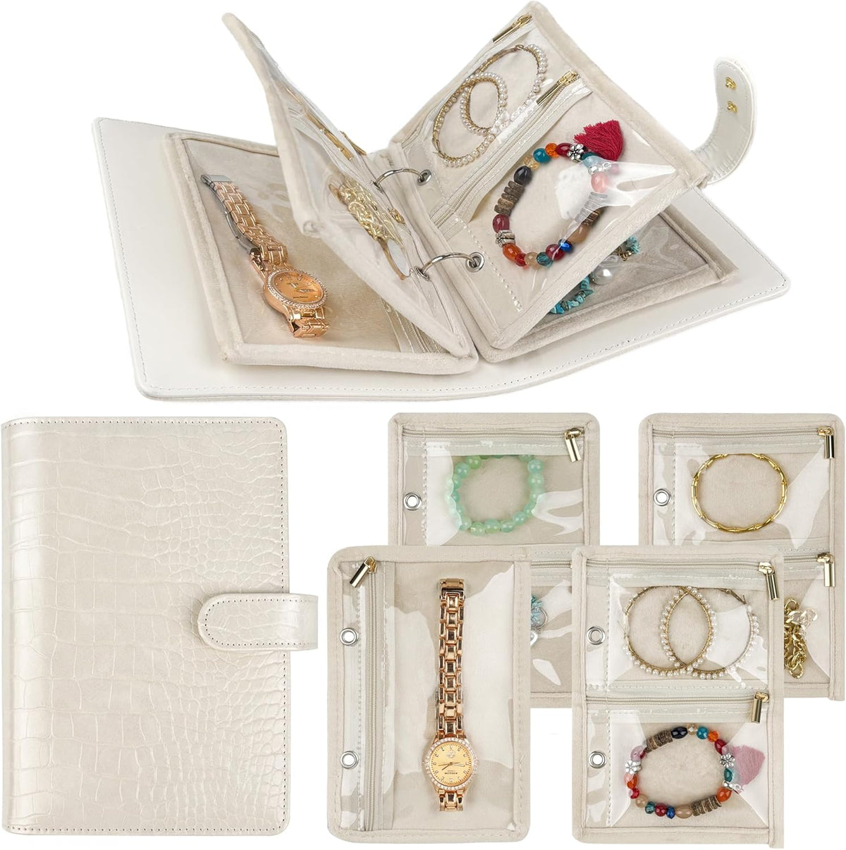 Travel Jewelry Organizer Case,Small Jewelry Bags Jewelry Storage Book Ring Binder with Clear Zipper Velvet Pouch for Traveling
