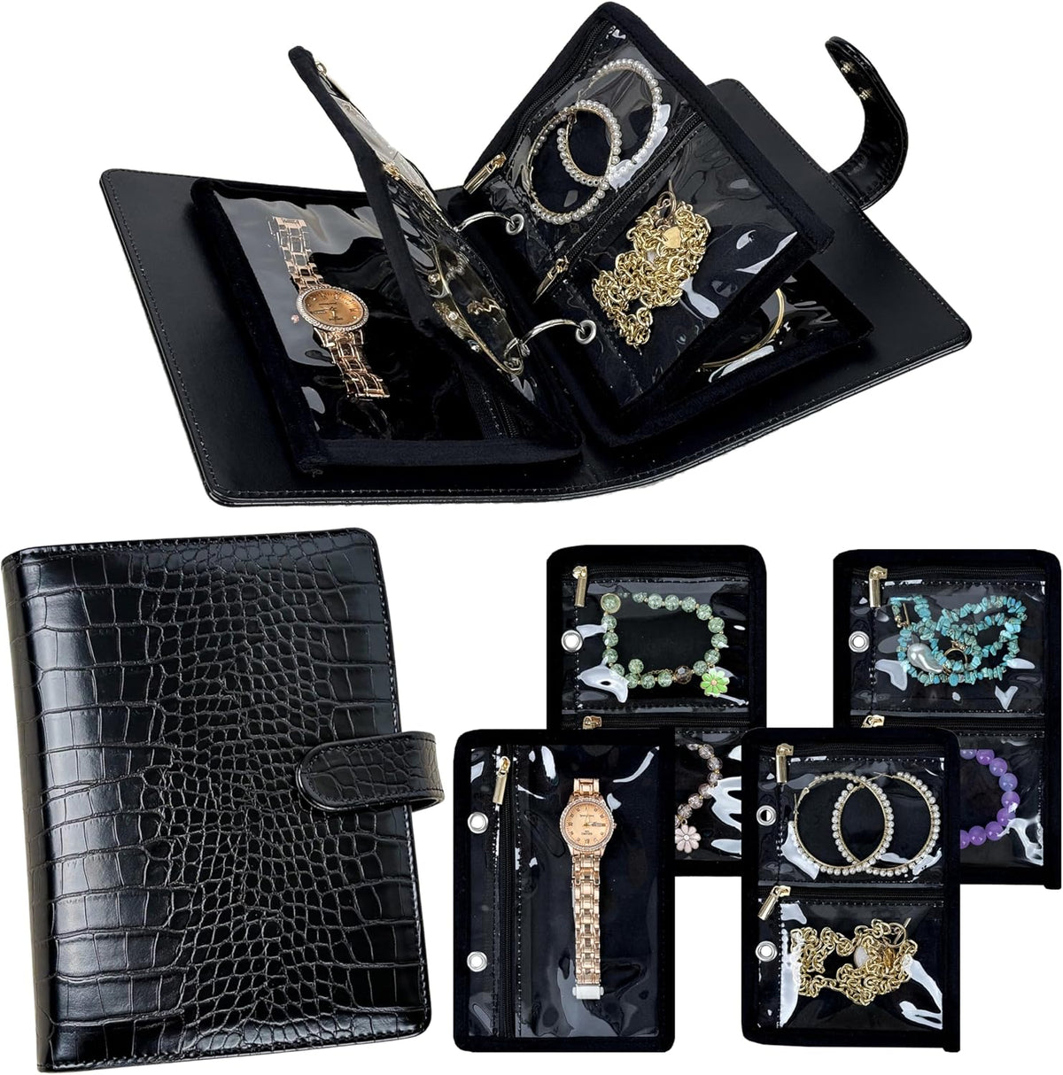 Travel Jewelry Organizer Case,Small Jewelry Bags Jewelry Storage Book Ring Binder with Clear Zipper Velvet Pouch for Traveling