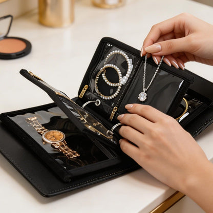 Travel Jewelry Organizer Case,Small Jewelry Bags Jewelry Storage Book Ring Binder with Clear Zipper Velvet Pouch for Traveling