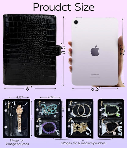 Travel Jewelry Organizer Case,Small Jewelry Bags Jewelry Storage Book Ring Binder with Clear Zipper Velvet Pouch for Traveling