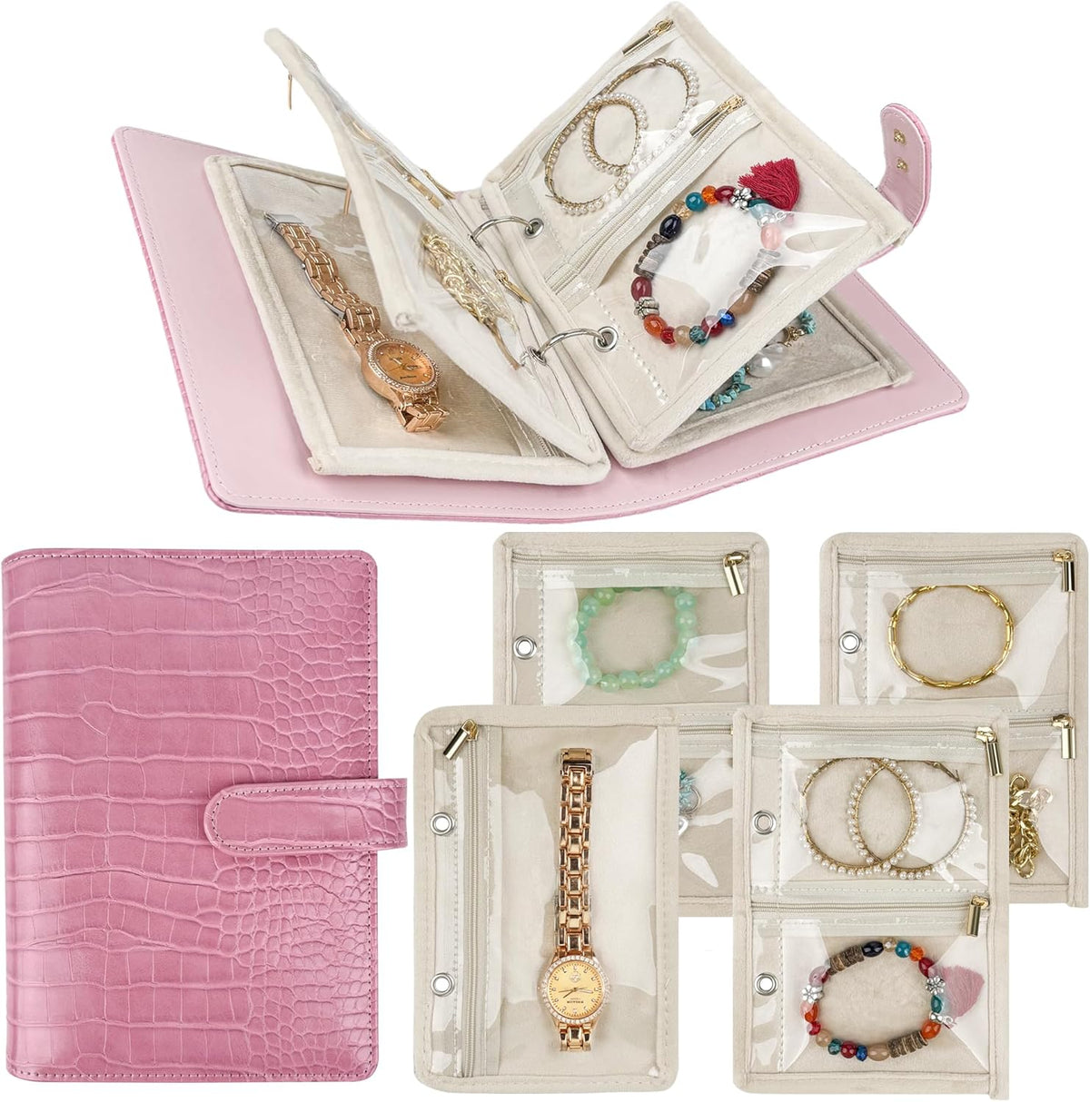 Travel Jewelry Organizer Case,Small Jewelry Bags Jewelry Storage Book Ring Binder with Clear Zipper Velvet Pouch for Traveling