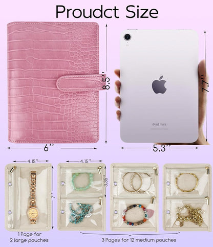 Travel Jewelry Organizer Case,Small Jewelry Bags Jewelry Storage Book Ring Binder with Clear Zipper Velvet Pouch for Traveling