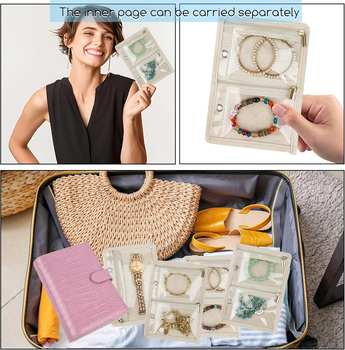 Travel Jewelry Organizer Case,Small Jewelry Bags Jewelry Storage Book Ring Binder with Clear Zipper Velvet Pouch for Traveling