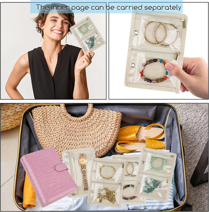 Travel Jewelry Organizer Case,Small Jewelry Bags Jewelry Storage Book Ring Binder with Clear Zipper Velvet Pouch for Traveling