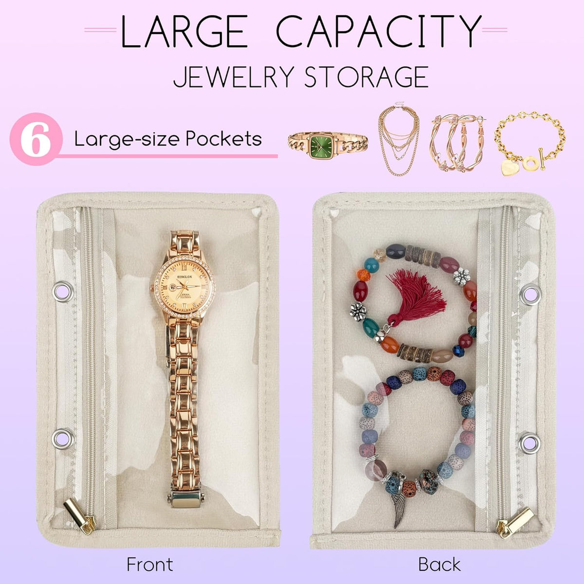 Travel Jewelry Organizer Case,Small Jewelry Bags Jewelry Storage Book Ring Binder with Clear Zipper Velvet Pouch for Traveling