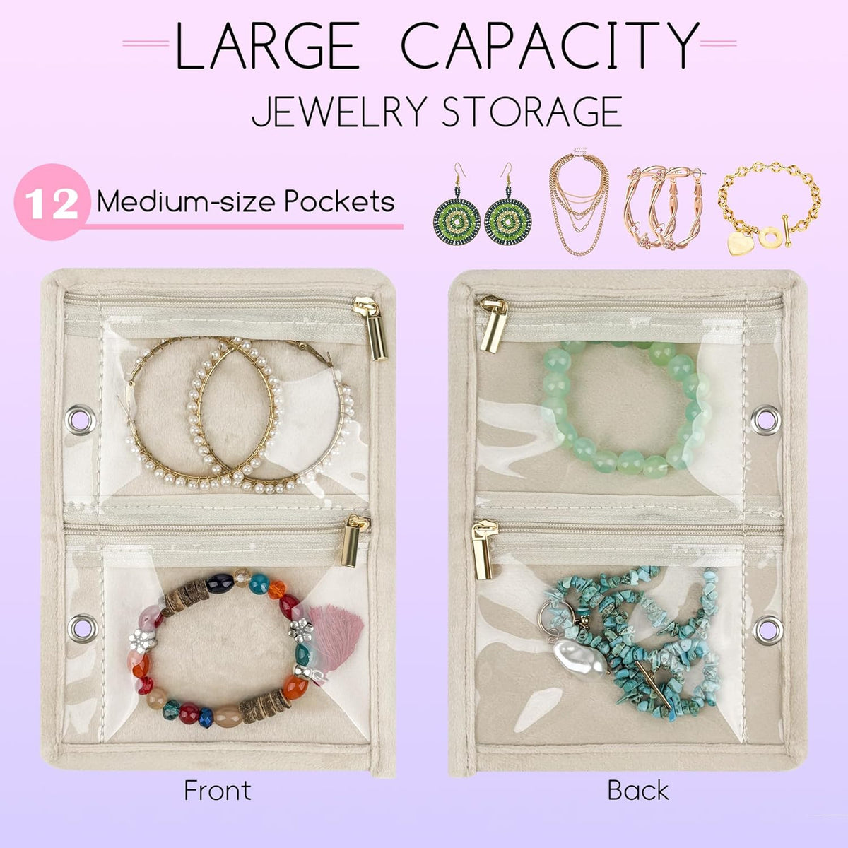 Travel Jewelry Organizer Case,Small Jewelry Bags Jewelry Storage Book Ring Binder with Clear Zipper Velvet Pouch for Traveling