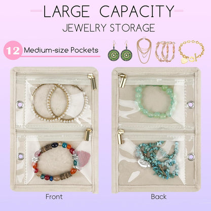 Travel Jewelry Organizer Case,Small Jewelry Bags Jewelry Storage Book Ring Binder with Clear Zipper Velvet Pouch for Traveling