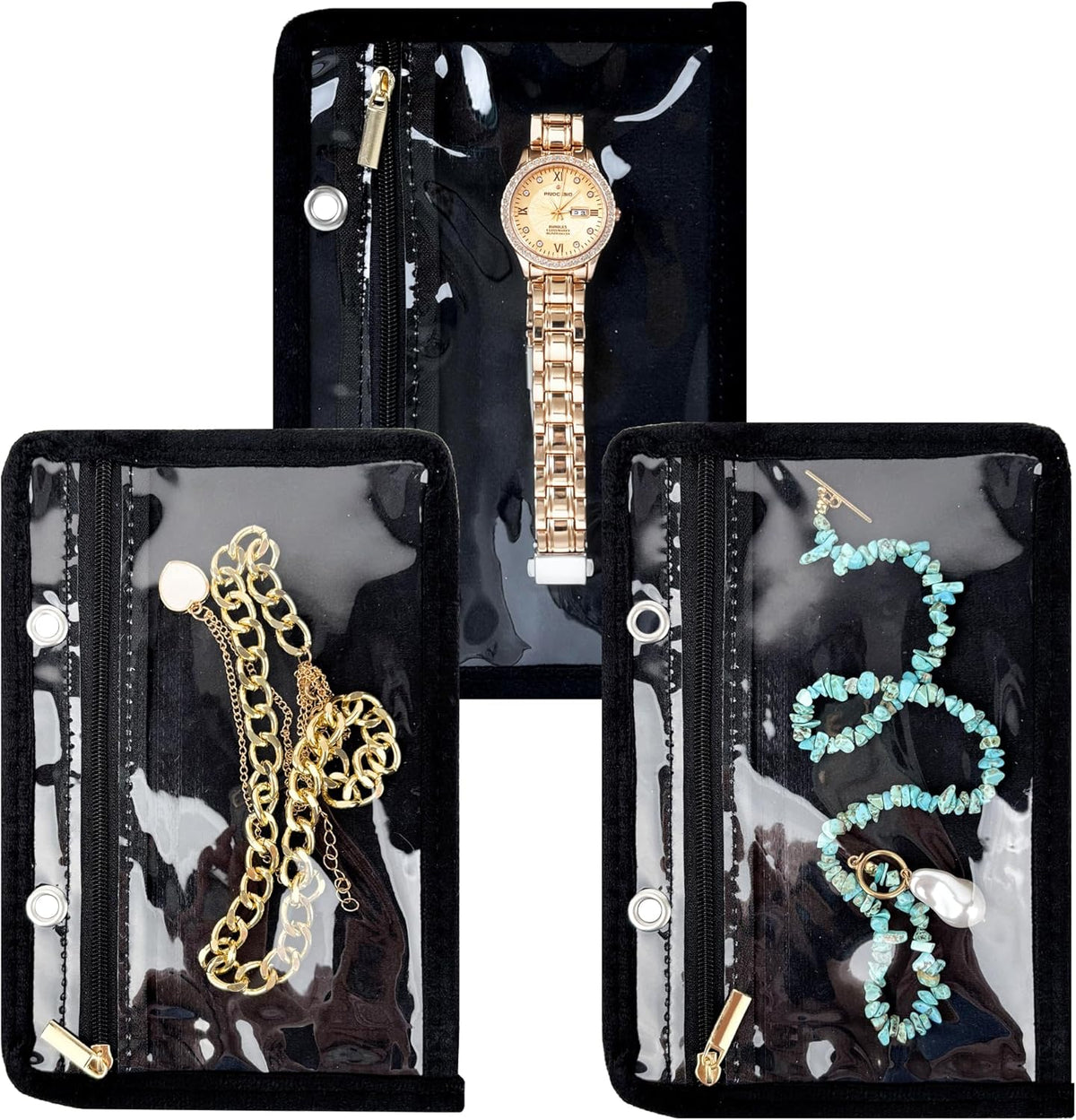 Travel Jewelry Organizer Case,Small Jewelry Bags Jewelry Storage Book Ring Binder with Clear Zipper Velvet Pouch for Traveling