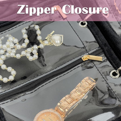 Travel Jewelry Organizer Case,Small Jewelry Bags Jewelry Storage Book Ring Binder with Clear Zipper Velvet Pouch for Traveling