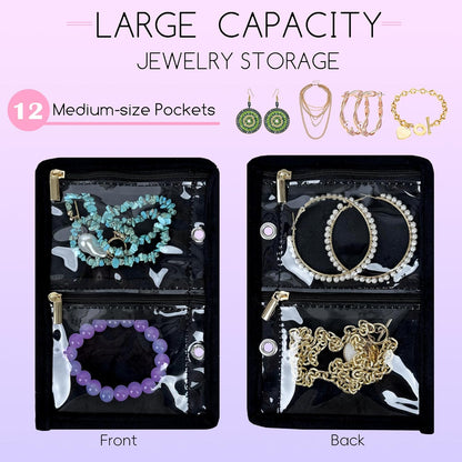 Travel Jewelry Organizer Case,Small Jewelry Bags Jewelry Storage Book Ring Binder with Clear Zipper Velvet Pouch for Traveling
