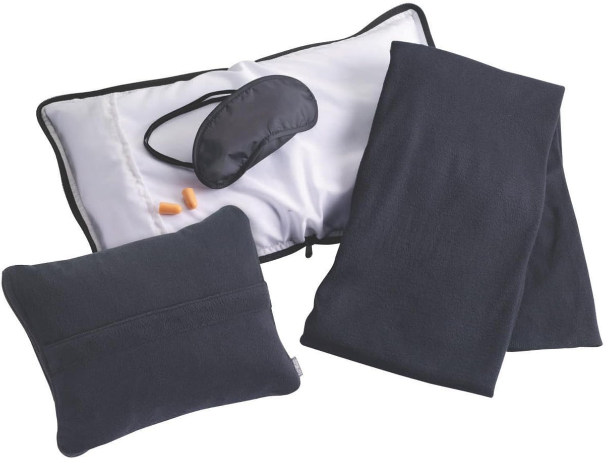 Ultimate Comfort Set + Portable Travel Kit for Airplane, Includes Inflatable Pillow + Zippered Carrying Case, Cozy Fleece Blanket, Eye Mask for Sleeping & Foam Ear Plugs, Black