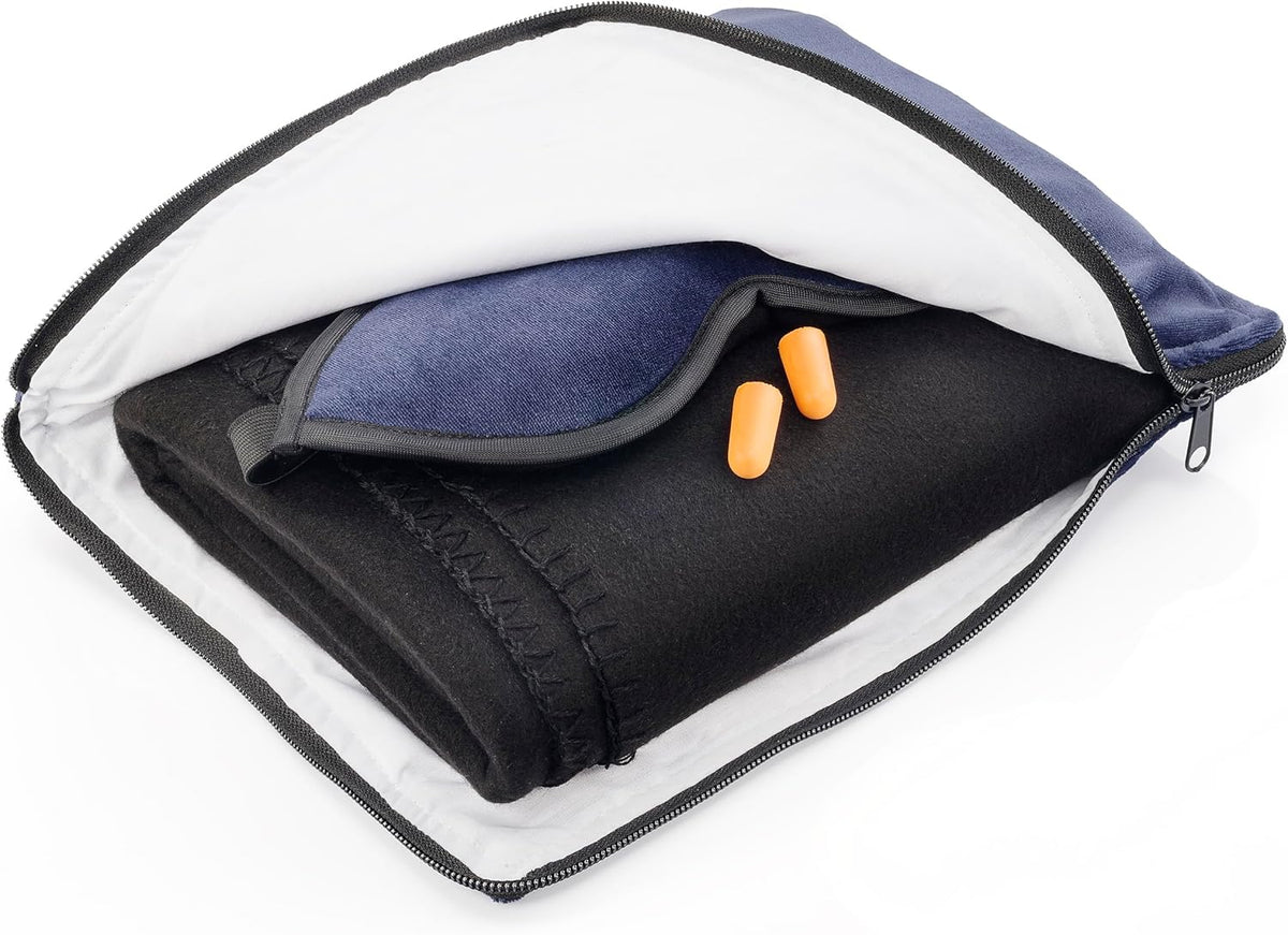 Ultimate Comfort Set + Portable Travel Kit for Airplane, Includes Inflatable Pillow + Zippered Carrying Case, Cozy Fleece Blanket, Eye Mask for Sleeping & Foam Ear Plugs, Black