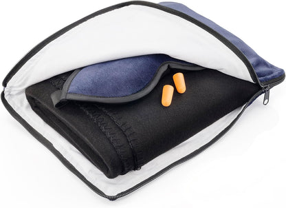 Ultimate Comfort Set + Portable Travel Kit for Airplane, Includes Inflatable Pillow + Zippered Carrying Case, Cozy Fleece Blanket, Eye Mask for Sleeping & Foam Ear Plugs, Black