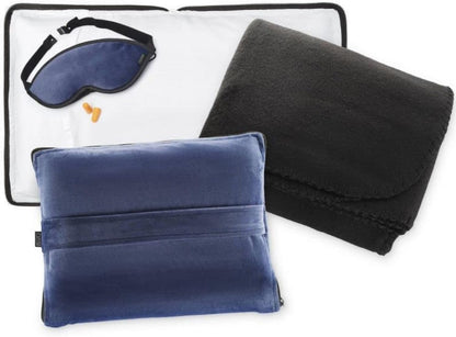 Ultimate Comfort Set + Portable Travel Kit for Airplane, Includes Inflatable Pillow + Zippered Carrying Case, Cozy Fleece Blanket, Eye Mask for Sleeping & Foam Ear Plugs, Black