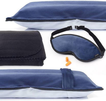Ultimate Comfort Set + Portable Travel Kit for Airplane, Includes Inflatable Pillow + Zippered Carrying Case, Cozy Fleece Blanket, Eye Mask for Sleeping & Foam Ear Plugs, Black