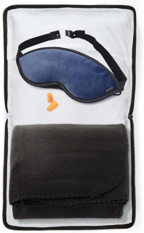 Ultimate Comfort Set + Portable Travel Kit for Airplane, Includes Inflatable Pillow + Zippered Carrying Case, Cozy Fleece Blanket, Eye Mask for Sleeping & Foam Ear Plugs, Black