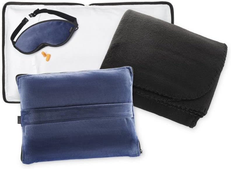 Ultimate Comfort Set + Portable Travel Kit for Airplane, Includes Inflatable Pillow + Zippered Carrying Case, Cozy Fleece Blanket, Eye Mask for Sleeping & Foam Ear Plugs, Black