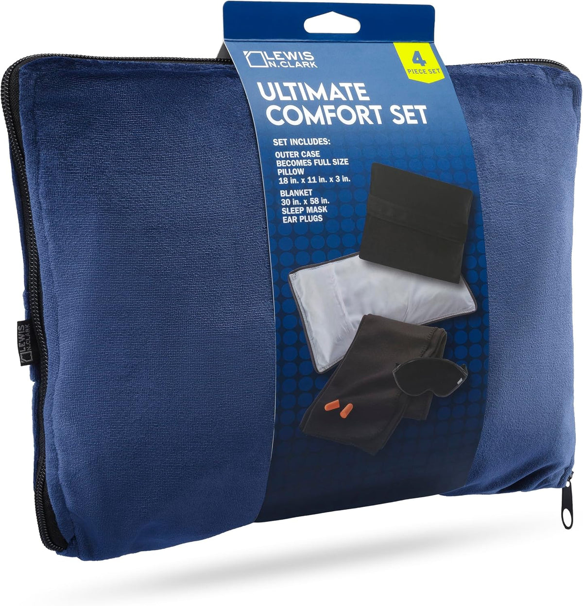 Ultimate Comfort Set + Portable Travel Kit for Airplane, Includes Inflatable Pillow + Zippered Carrying Case, Cozy Fleece Blanket, Eye Mask for Sleeping & Foam Ear Plugs, Black