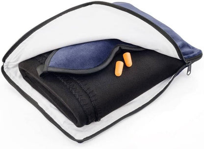 Ultimate Comfort Set + Portable Travel Kit for Airplane, Includes Inflatable Pillow + Zippered Carrying Case, Cozy Fleece Blanket, Eye Mask for Sleeping & Foam Ear Plugs, Black