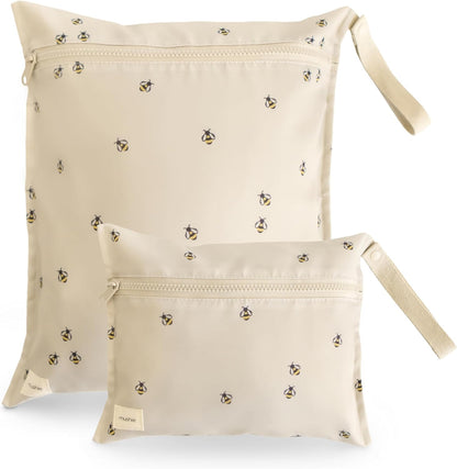 Water Resistant Wet Bags | Large & Small Reusable Storage Bag for Baby Items and Travel | Zippered Pockets with Handle | Machine Washable, Set of 2 (Happy Flowers Check)