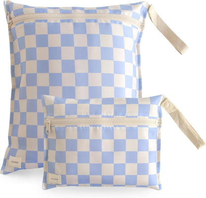 Water Resistant Wet Bags | Large & Small Reusable Storage Bag for Baby Items and Travel | Zippered Pockets with Handle | Machine Washable, Set of 2 (Happy Flowers Check)