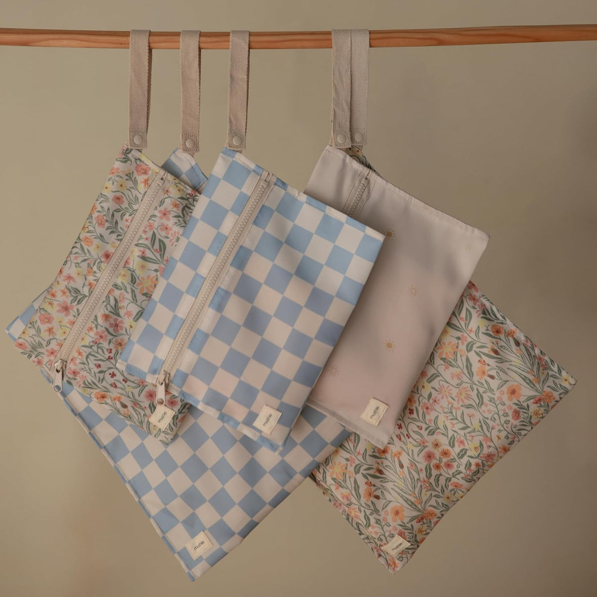 Water Resistant Wet Bags | Large & Small Reusable Storage Bag for Baby Items and Travel | Zippered Pockets with Handle | Machine Washable, Set of 2 (Happy Flowers Check)