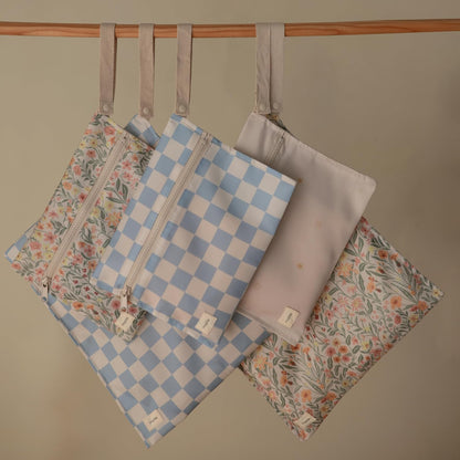Water Resistant Wet Bags | Large & Small Reusable Storage Bag for Baby Items and Travel | Zippered Pockets with Handle | Machine Washable, Set of 2 (Happy Flowers Check)