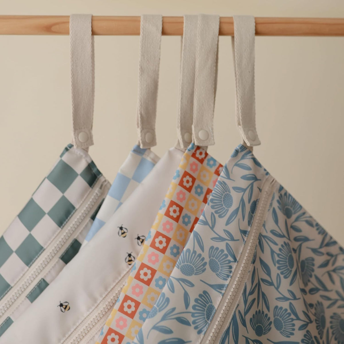 Water Resistant Wet Bags | Large & Small Reusable Storage Bag for Baby Items and Travel | Zippered Pockets with Handle | Machine Washable, Set of 2 (Happy Flowers Check)