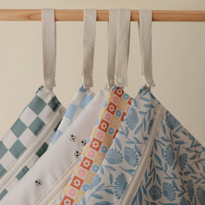 Water Resistant Wet Bags | Large & Small Reusable Storage Bag for Baby Items and Travel | Zippered Pockets with Handle | Machine Washable, Set of 2 (Happy Flowers Check)