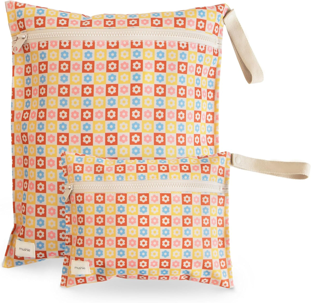 Water Resistant Wet Bags | Large & Small Reusable Storage Bag for Baby Items and Travel | Zippered Pockets with Handle | Machine Washable, Set of 2 (Happy Flowers Check)