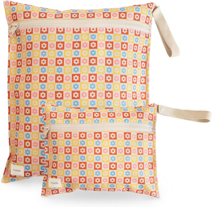 Water Resistant Wet Bags | Large & Small Reusable Storage Bag for Baby Items and Travel | Zippered Pockets with Handle | Machine Washable, Set of 2 (Happy Flowers Check)
