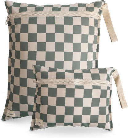 Water Resistant Wet Bags | Large & Small Reusable Storage Bag for Baby Items and Travel | Zippered Pockets with Handle | Machine Washable, Set of 2 (Happy Flowers Check)