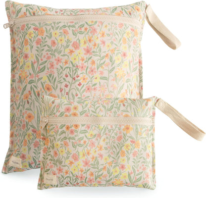 Water Resistant Wet Bags | Large & Small Reusable Storage Bag for Baby Items and Travel | Zippered Pockets with Handle | Machine Washable, Set of 2 (Happy Flowers Check)