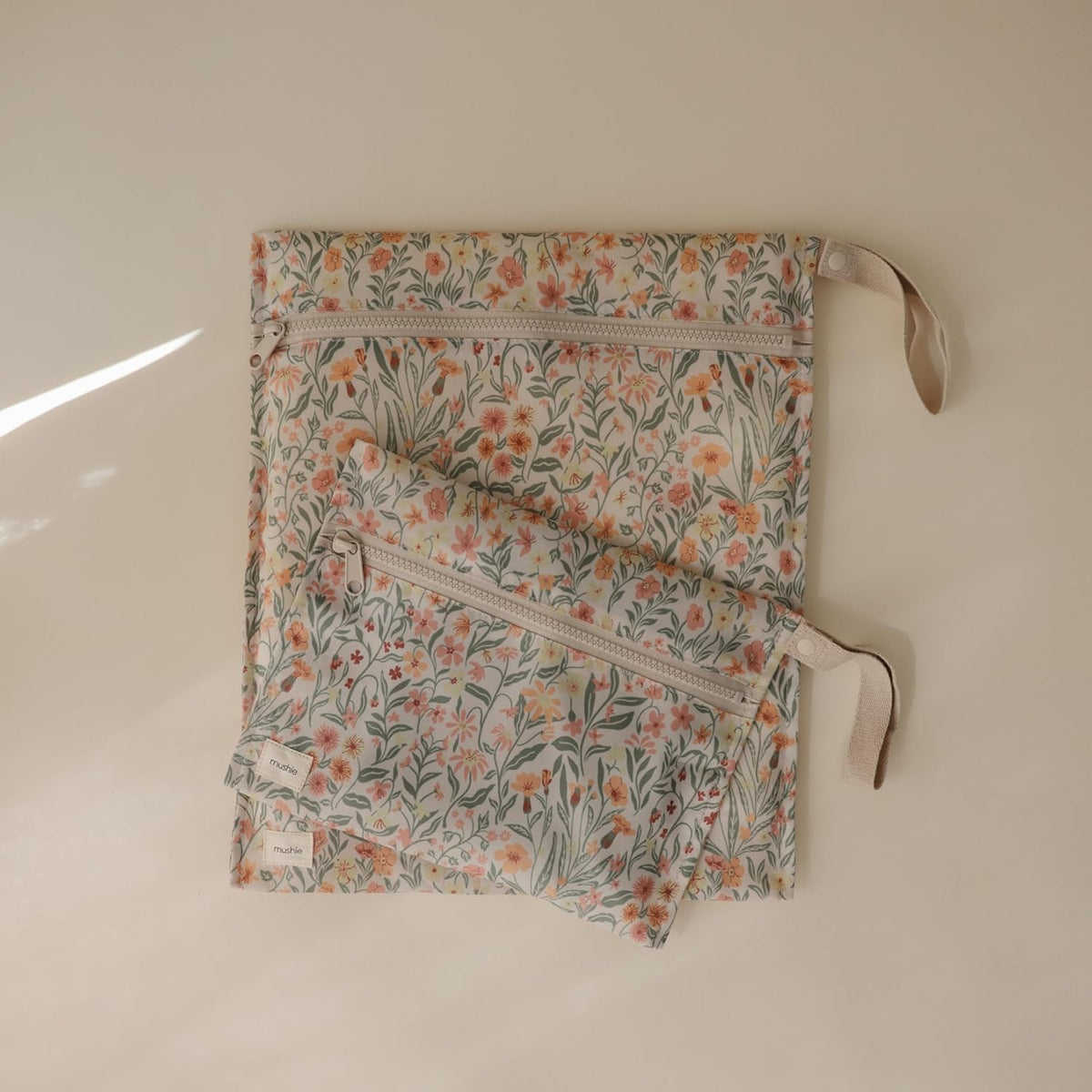 Water Resistant Wet Bags | Large & Small Reusable Storage Bag for Baby Items and Travel | Zippered Pockets with Handle | Machine Washable, Set of 2 (Happy Flowers Check)