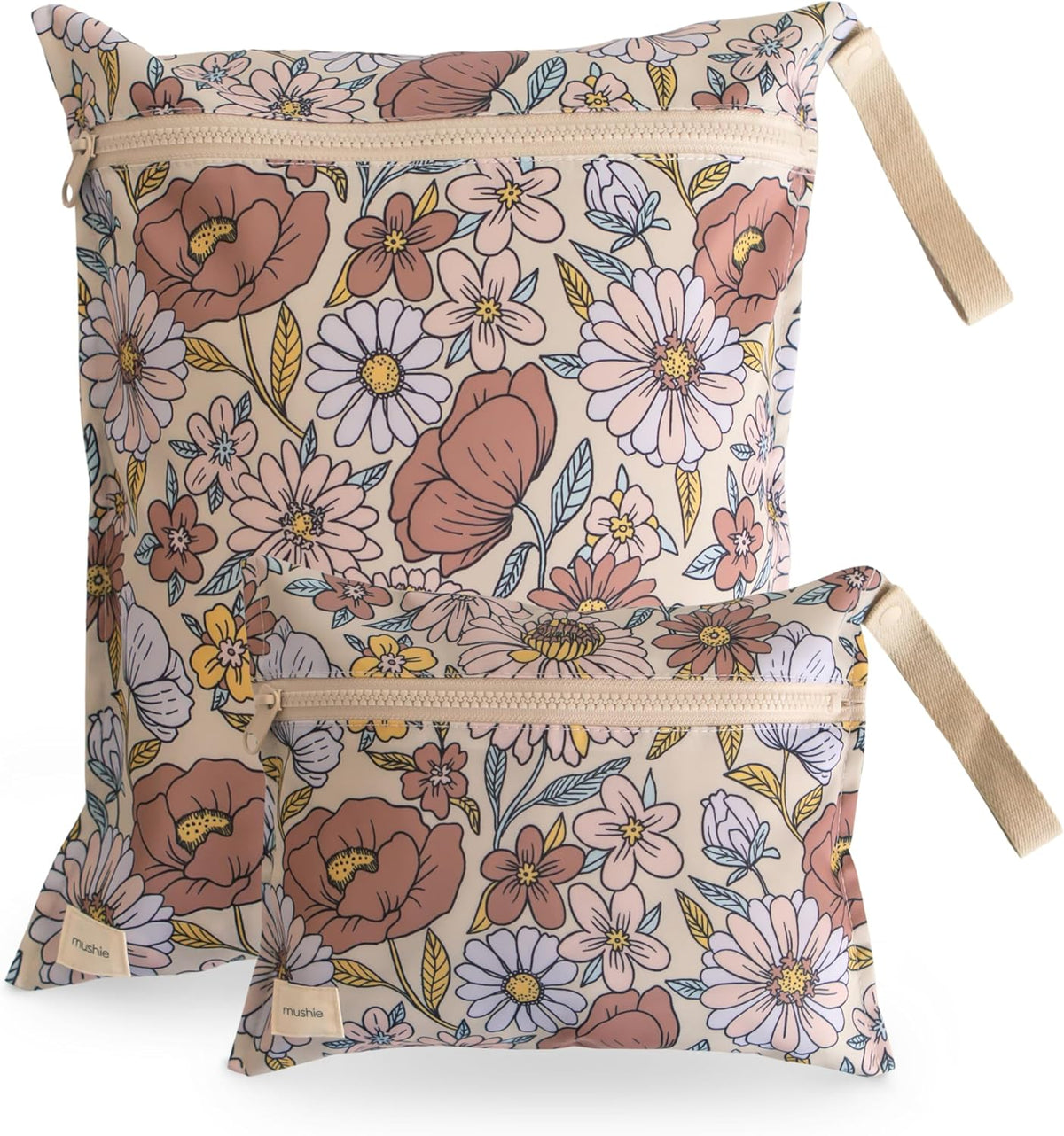 Water Resistant Wet Bags | Large & Small Reusable Storage Bag for Baby Items and Travel | Zippered Pockets with Handle | Machine Washable, Set of 2 (Happy Flowers Check)