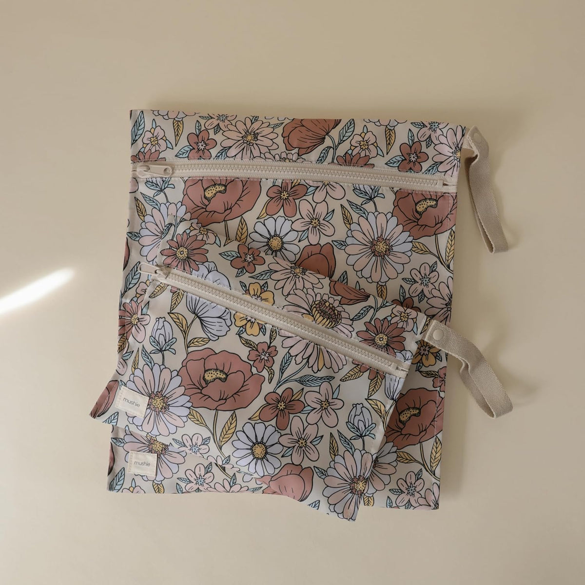 Water Resistant Wet Bags | Large & Small Reusable Storage Bag for Baby Items and Travel | Zippered Pockets with Handle | Machine Washable, Set of 2 (Happy Flowers Check)