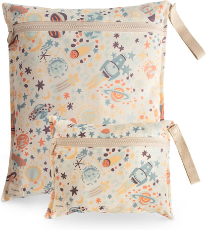 Water Resistant Wet Bags | Large & Small Reusable Storage Bag for Baby Items and Travel | Zippered Pockets with Handle | Machine Washable, Set of 2 (Happy Flowers Check)