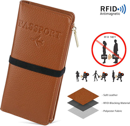 Rfid Passport Wallet for Women, Travel Wallet Passport Holder for Travel, Leather Zipper Pocket Card Slots Purses, Travel Document Organizer Waterproof Travel Accessories (Blue)