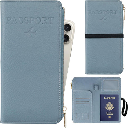 Rfid Passport Wallet for Women, Travel Wallet Passport Holder for Travel, Leather Zipper Pocket Card Slots Purses, Travel Document Organizer Waterproof Travel Accessories (Blue)