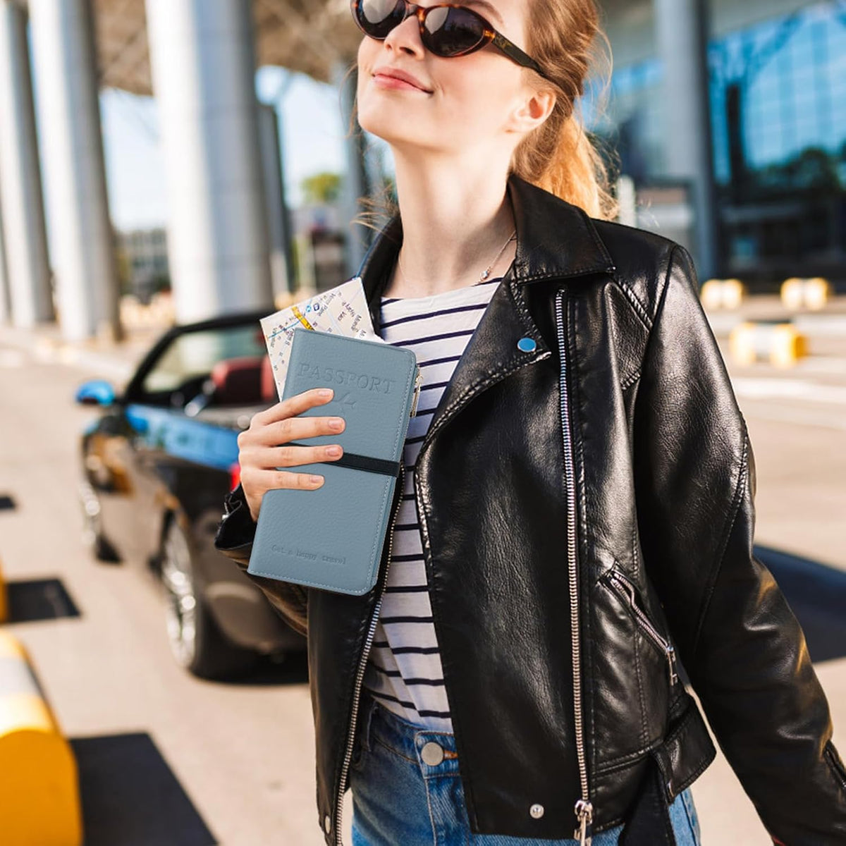 Rfid Passport Wallet for Women, Travel Wallet Passport Holder for Travel, Leather Zipper Pocket Card Slots Purses, Travel Document Organizer Waterproof Travel Accessories (Blue)